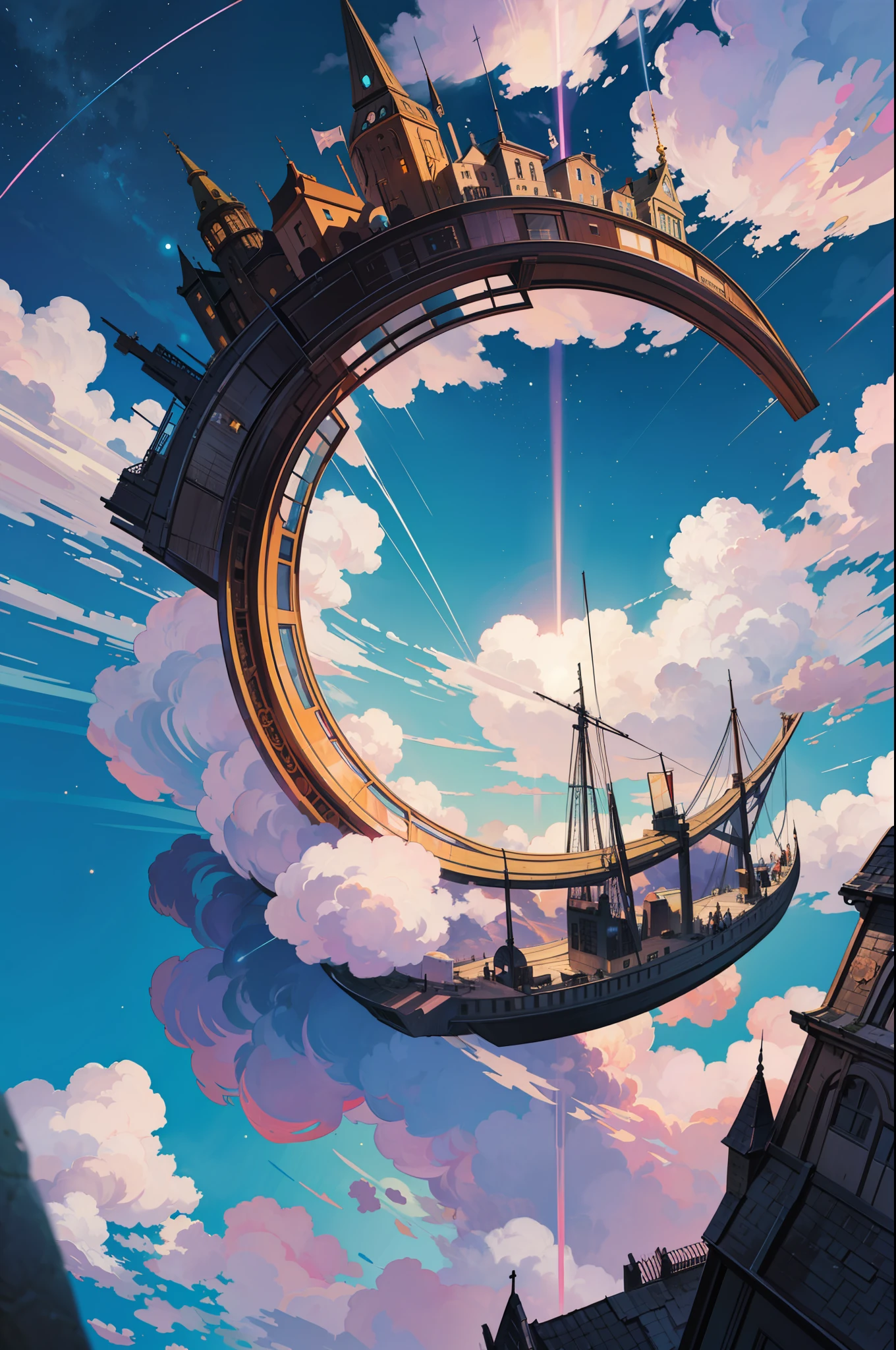 （levitating：1.5），（A huge double-ring steampunk city floating in space：1.3），（Illuminated futuristic steampunk city：1.4），（Thick clouds：1.4），（Estilo de Makoto Shinkai：1.4），Rejoice，Perfect quality，Clear focus（Clutter - home：0.8）， （tmasterpiece：1.2）， （realisticlying：1.2） ，（with light glowing：1.2）， （best qualtiy）， （detailed  starry sky：1.3） ，（complexdetails）， （8K）， （Detail meteor） ，（Sharp focus），（having fun），（Award-winning digital artwork：1.3） af （sketching：1.3），（with dynamism：1.3）,studiolight,Theme，looking from above, the space, afloat， --v 6