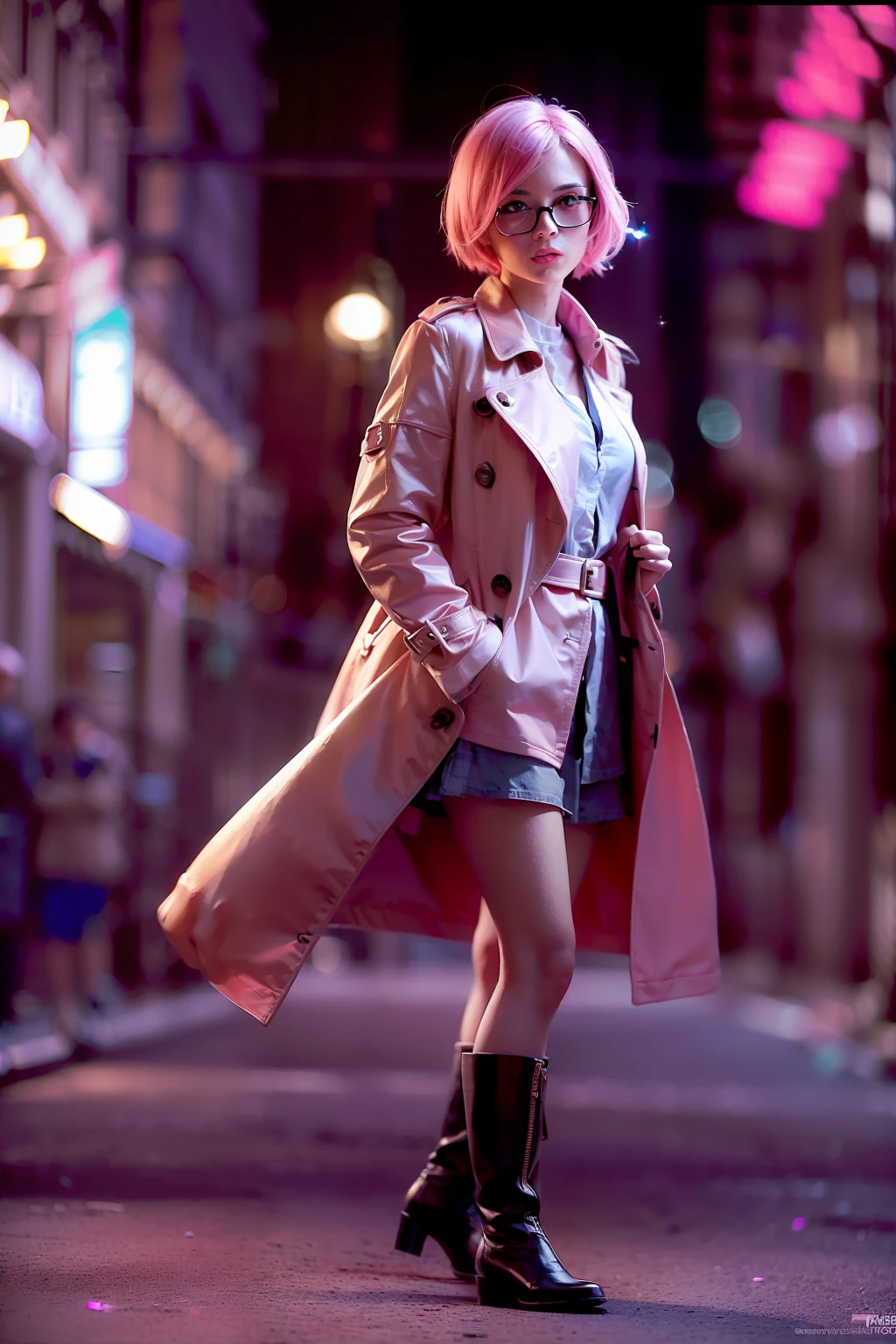 Character: one french woman, detective, slim body, slim, pink hair. shaved  side haircut) (Clothing: pink trench coat - SeaArt AI