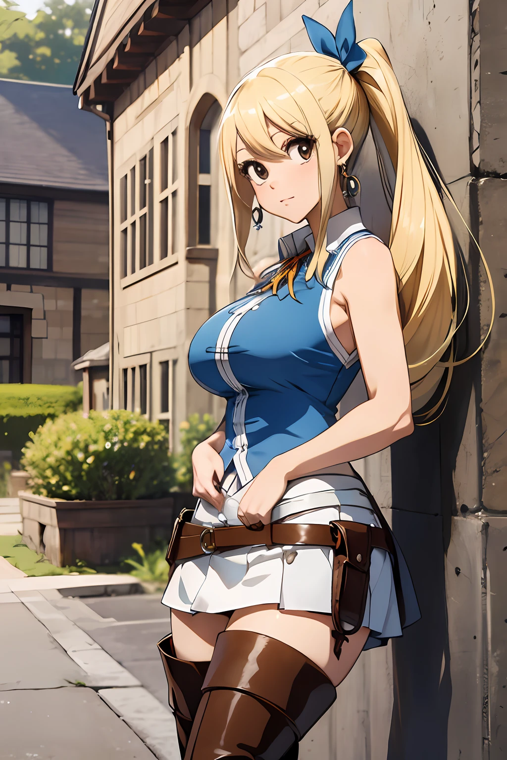 asterpiece, best quality, highres, lucy heartfilia, blonde hair, long hair, side ponytail, blue ribbon, large breasts, earrings, thigh boots, blue shirt, sleeveless shirt, white skirt, standing, outdoors, town, house, cowboy shot, looking at viewer,