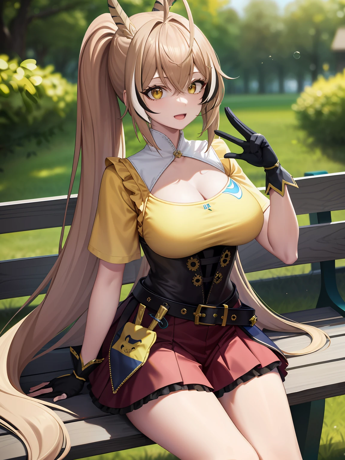 2D, Masterpiece, Best quality, anime big breast, Highly detailed face, highly details eye, highly detailed back ground, Perfect lighting, full bodyesbian, 1girll, Solo, nanashi mumei, Sitting, Waving, park bench, tree, (From the side Side:0.7), shirt, Corset, cleavage cutout, single thighhigh, Red skirt, knife, belt, Partially fingerless gloves, hair pin, feater, pony tails, Very long hair, :d full of bubbles fluffy summer sports T-beam space background cyberpunk fashion single design space background ((yellow navy: 1.3) + (Fashion: 1.1) + (Trendy: 1.2)), (perpect nike mark), (corona rendered), ((Summer sports T-Hu concept + concept art design): 1.3), (8K: 1.3), (2:3 aspect ratio + Warm color Q2), (750 pixels), ((fashion elements) :(1.1+ Yellow navy blue T-shirt with stylish elements)), (dynamics: 5)