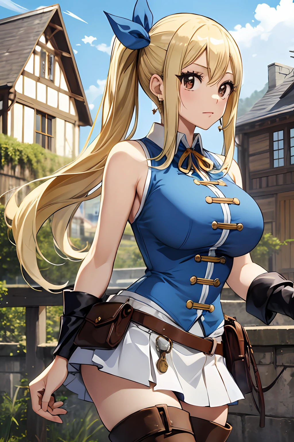 asterpiece, best quality, highres, lucy heartfilia, blonde hair, long hair, side ponytail, blue ribbon, large breasts, earrings, thigh boots, blue shirt, sleeveless shirt, white skirt, standing, outdoors, town, house, cowboy shot, looking at viewer,