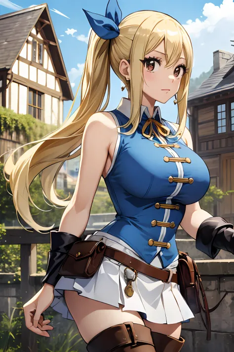 asterpiece, best quality, highres, lucy heartfilia, blonde hair, long hair, side ponytail, blue ribbon, large breasts, earrings,...
