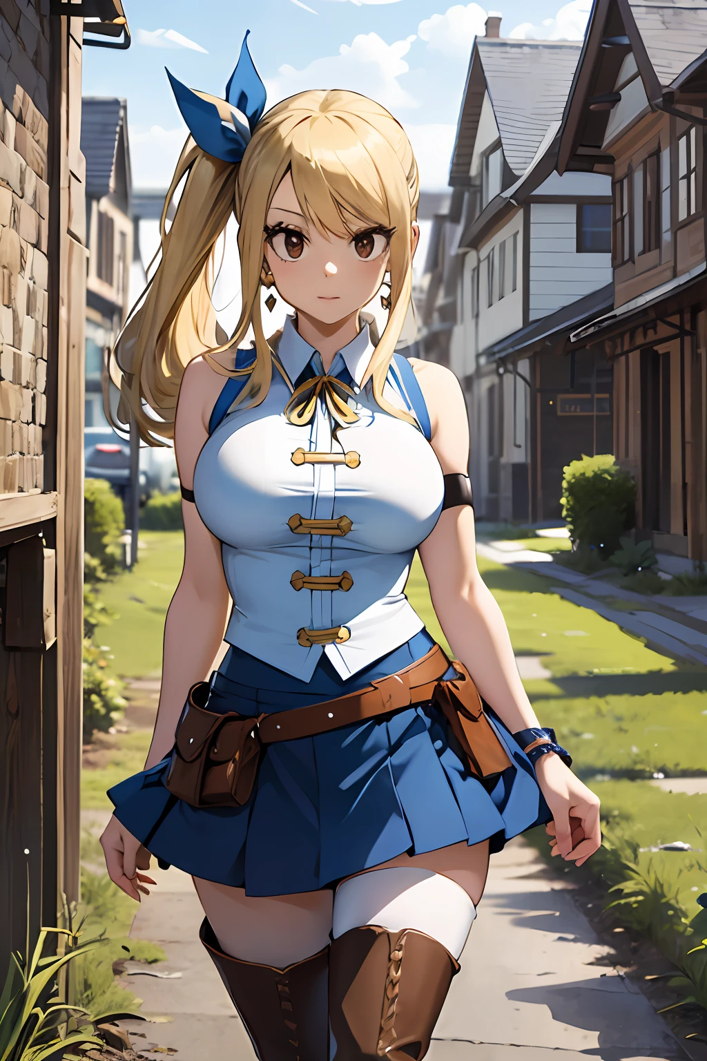 asterpiece, best quality, highres, lucy heartfilia, blonde hair, long hair, side ponytail, blue ribbon, large breasts, earrings, thigh boots, blue shirt, sleeveless shirt, white skirt, standing, outdoors, town, house, cowboy shot, looking at viewer,