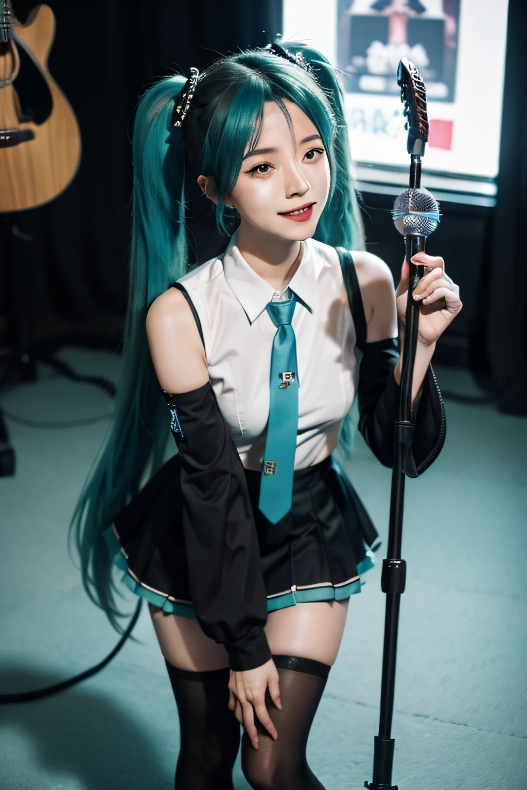 hatsunemiku, 1girl, solo, hatsune miku, long hair, twintails, instrument, detached sleeves, microphone stand, guitar, aqua hair, necktie, very long hair, skirt, thighhighs, aqua eyes, microphone, checkered floor