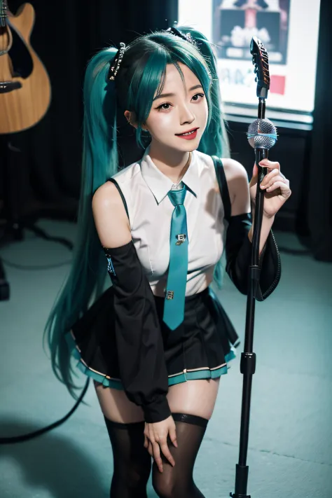 hatsunemiku, 1girl, solo, hatsune miku, long hair, twintails, instrument, detached sleeves, microphone stand, guitar, aqua hair,...