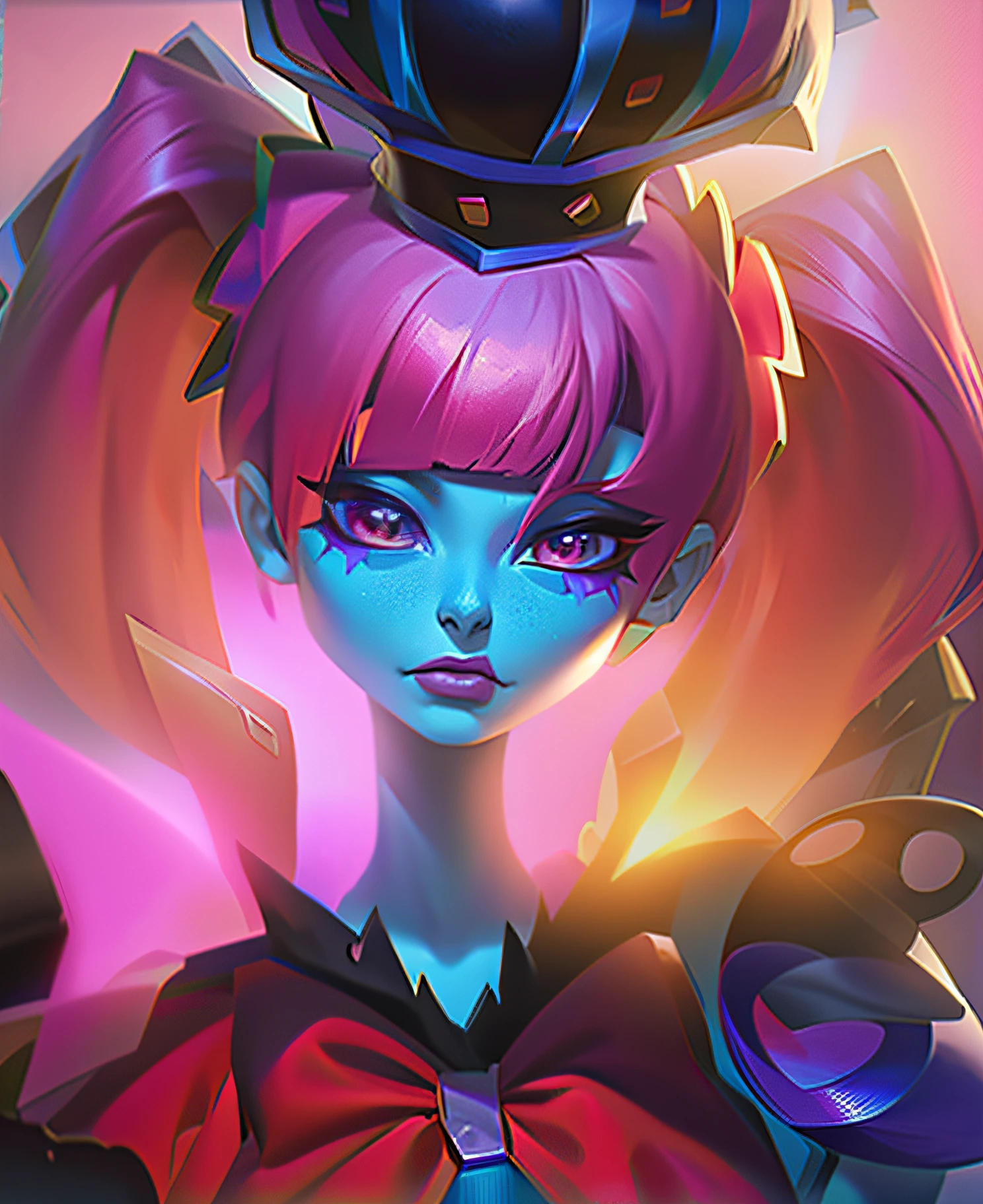 Anime-Mädchen mit rosa Haaren und einer rosa Schleife und einer Krone auf dem Kopf, Porträt von Jinx aus Arcana, Kunst im League of Legends-Stil, Kunststil der Liga der Legenden, Porträt eines magischen Mädchens, Rossdraws und Jazza, Jazza und Rossdraws, Splash Art Anime , rossdraws cartoon lebendige, Rossdraws digitale Malerei, Annie aus League of Legends