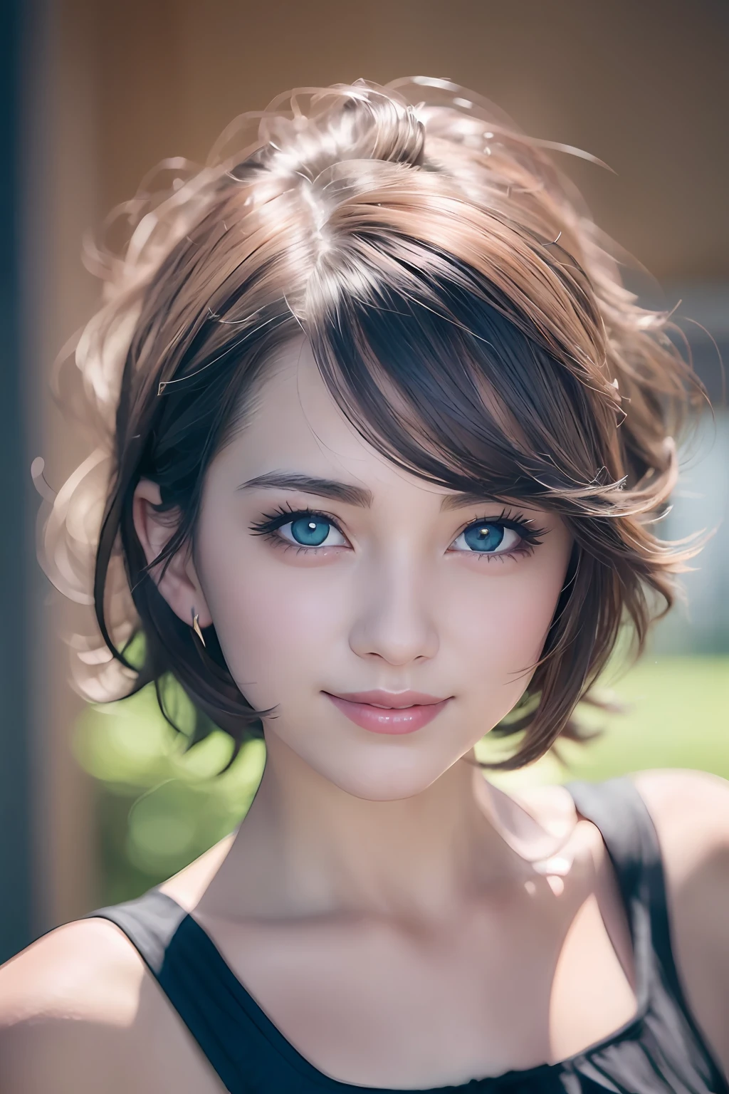 animesque、anime styled、Speciality、Moisturized eyes、Beautiful detailed eyes, (Short hair:1.2),  (8K, Best Quality, masutepiece:1.2), (Realistic, Photorealsitic:1.37), Ultra-detailed, a closeup、portraitures、1 girl, Cute, Blue-golden hair、Solo, (nose blush),(Smile:1.15),