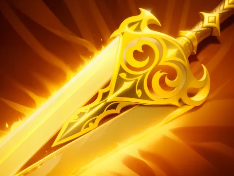 A golden longsword，Symmetrical sword，shining like the sun, There is a pattern on the hilt，Emits the same light as the sun, Burn this long sword, Golden sword, Golden sword, Luminous sword, Flaming Sword, Shining sword