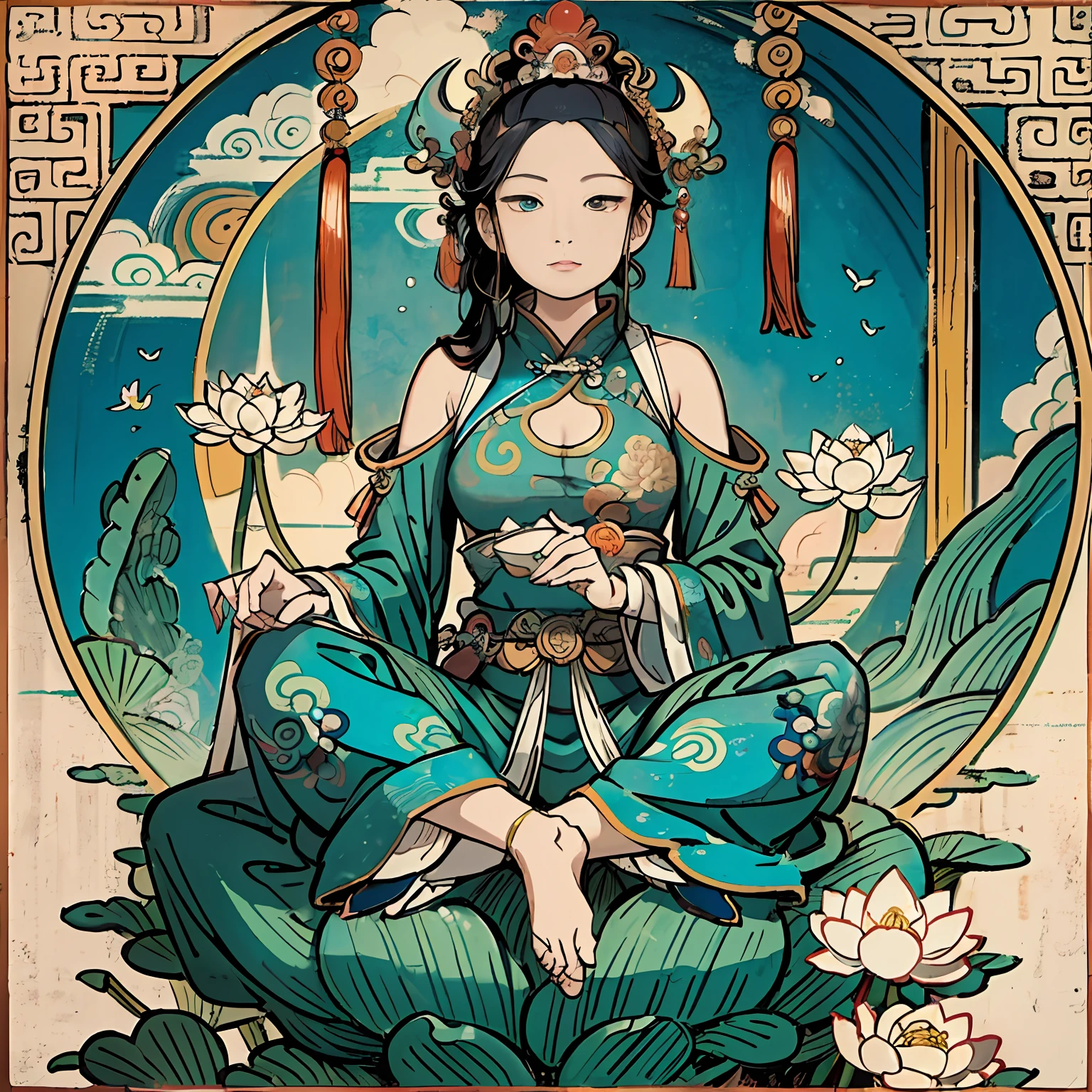 Woman sitting on a lotus,guanyin of the southern seas,Guanyin,contented female bodhisattva,jade sculpture,bodhisattva,queen of the sea mu yanling,serene,Serene expression,shui mo hua,Buddha,Buddhist,Lotus,Chinese painting style,Thangka style