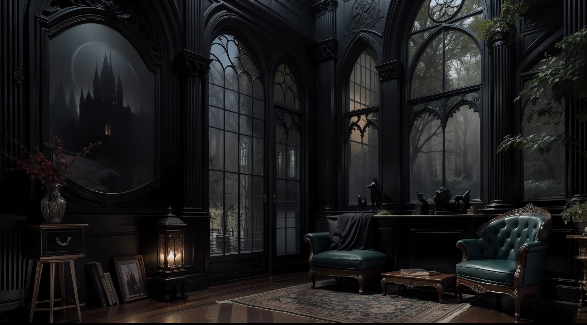 a dark night、Western-style living room deep in a dark and mysterious forest、relax、 interior architecture, Gothic art, Verism, One-person viewpoint, From the outside, canon, Super Detail, High quality, hight resolution, 8K, Best Quality