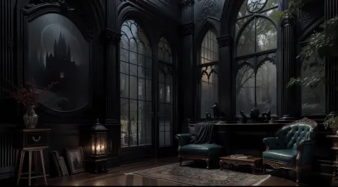 a dark night、Western-style living room deep in a dark and mysterious forest、relax、 interior architecture, Gothic art, Verism, On...