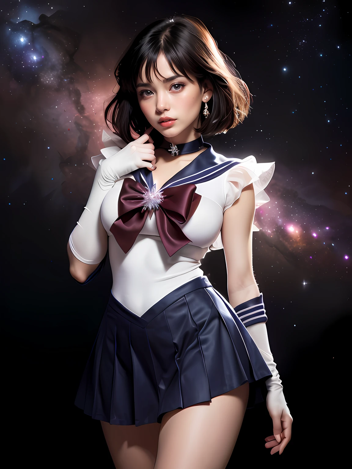 (masterpiece, best quality:1.4), (nebula background), (full body shot:1.5), (from front), 1girl, solo, (european youth:1sailor saturn, tiara, sailor senshi uniform, purple sailor collar, pleated skirt, elbow gloves, jewelry, brooch, choker, short black hair, (purple eyes:1), beautiful face, highly detailed face, highly detailed eyes, highly detailed skin, skin pores, subsurface scattering, realistic pupils, large breast, hard breast, full face blush, full lips, detailed background, depth of field, volumetric lighting, sharp focus, absurdres, realistic proportions, good anatomy, (realistic, hyperrealistic:1.4), 16k hdr,