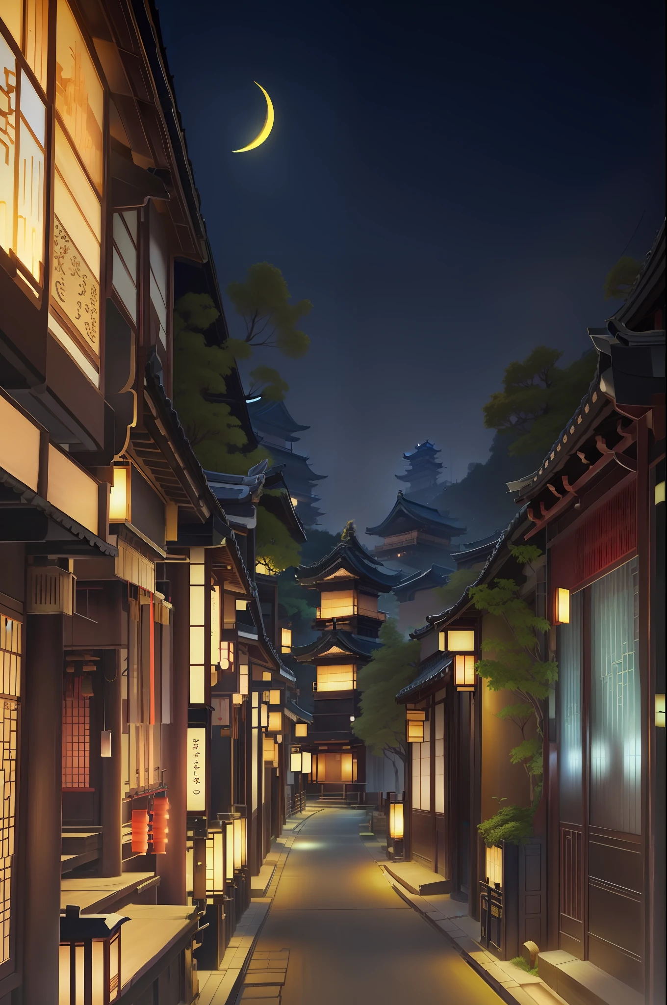 Il y a une vue nocturne de l'architecture chinoise et de rues en forme de croissant de lune, villes chinoises de rêve, rue japon, Art de fond d’anime, ville japonaise, auteur：Shitao, rues de la ville antique derrière elle, ville japonaise la nuit, makoto Sinkai, Ville du Japon, art conceptuel de paysage animé, in a ville japonaise at night, inspiré de Kyoto, Japon la nuit, fond de village nocturne