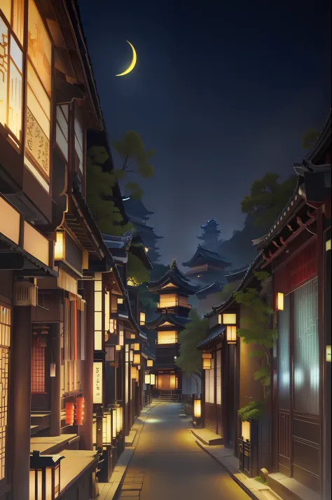 There is a night view of Chinese architecture and crescent-shaped streets, dreamy Chinese towns, street japan, Anime background ...