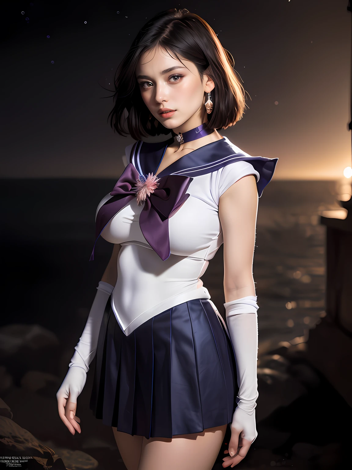 (masterpiece, best quality:1.4), (nebula background), (full body shot:1.5), (from back), 1girl, solo, (european youth:1sailor saturn, tiara, sailor senshi uniform, purple sailor collar, pleated skirt, elbow gloves, jewelry, brooch, choker, short black hair, (purple eyes:1), beautiful face, highly detailed face, highly detailed eyes, highly detailed skin, skin pores, subsurface scattering, realistic pupils, large breast, hard breast, full face blush, full lips, detailed background, depth of field, volumetric lighting, sharp focus, absurdres, realistic proportions, good anatomy, (realistic, hyperrealistic:1.4), 16k hdr,