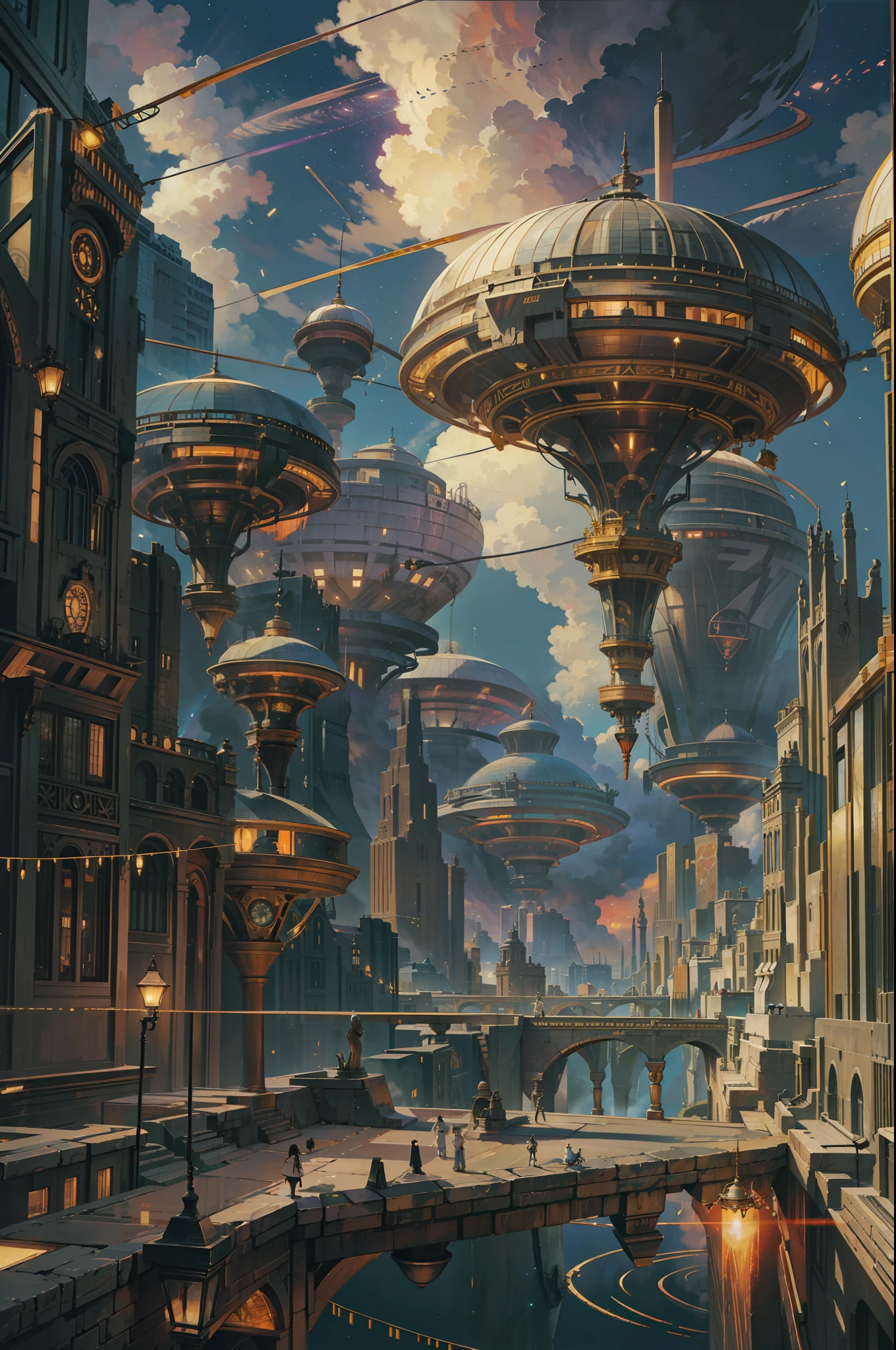Ultra-wide field of view，（levitating：1.5），（A huge double-ring steampunk city floating in space：1.3），（Illuminate the futuristic steampunk city：1.4），（Thick clouds：1.4），（Estilo de Makoto Shinkai：1.4），Rejoice，Perfect quality，Clear focus（Clutter - home：0.8）， （tmasterpiece：1.2）， （realisticlying：1.2） ，（with light glowing：1.2）， （best qualtiy）， （detailed  starry sky：1.3） ，（complexdetails）， （8K）， （Detail meteor） ，（Sharp focus），（having fun），（Award-winning digital artwork：1.3） af （sketching：1.3），（with dynamism：1.3）,studiolight,Theme，looking from above, the space, afloat， --v 6