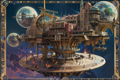 Ultra-wide field of view，（levitating：1.5），（A huge double-ring steampunk city floating in space：1.3），（Illuminate the futuristic s...