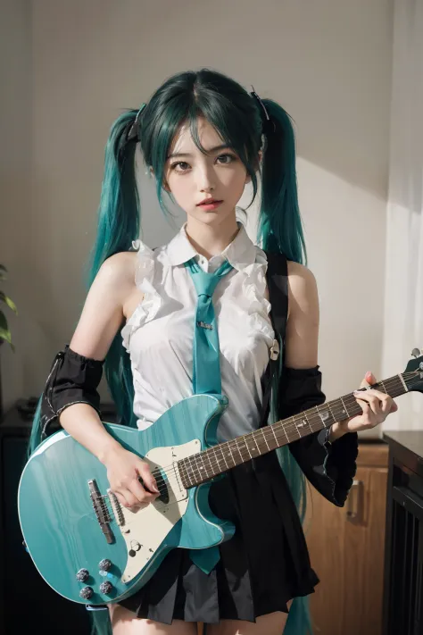 hatsunemiku, 1girl, hatsune miku, solo, long hair, instrument, guitar, thighhighs, , twintails, aqua hair, detached sleeves, ele...