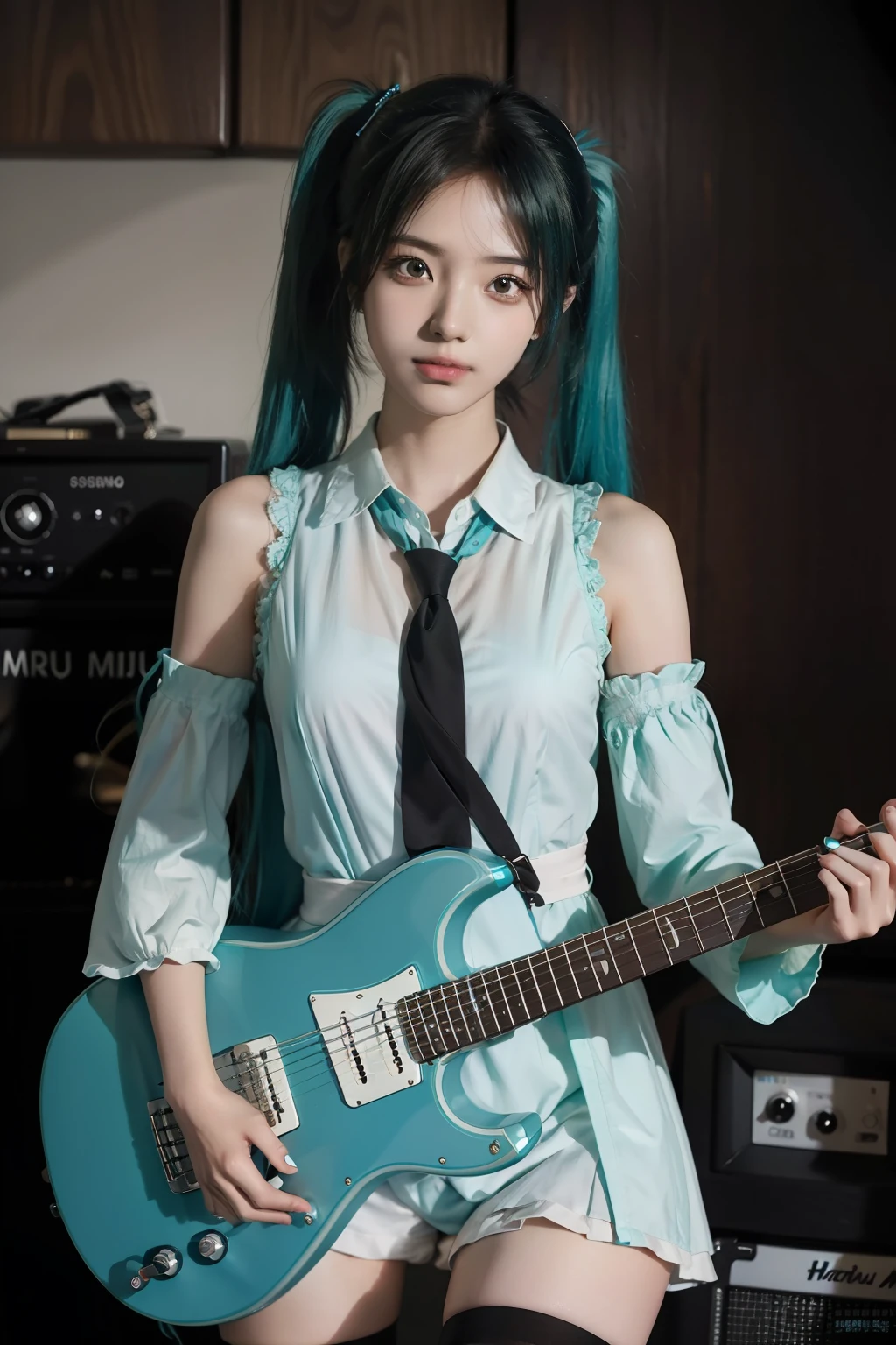 hatsunemiku, 1girl, hatsune miku, solo, long hair, instrument, guitar, thighhighs, , twintails, aqua hair, detached sleeves, electric guitar, very long hair, breasts, , aqua eyes, amplifier, realistic, necktie, medium breasts, lips