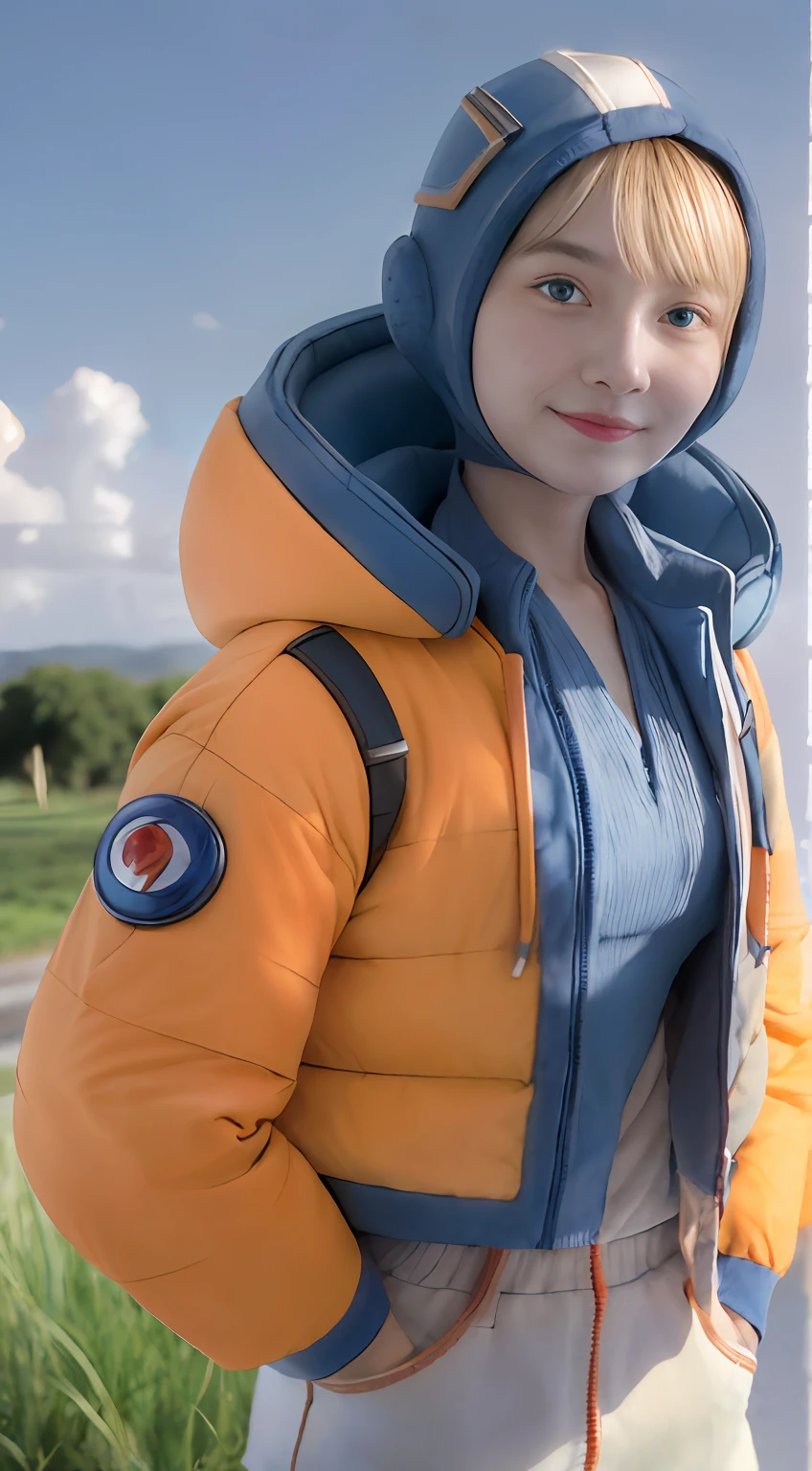 1girl in, (Smile),  operating machine, Solo, Wattson, masutepiece, Highly detailed, Blue eyes, Detailed eyes, expressive detailed eyes, wide eyed, Blonde hair, Short hair, Orange jacket,  Blue shirt, blue top, Blue skinsuit, White pants,( Blue hood:1.4)、blue-sky、lawn、blush、suns,​​clouds