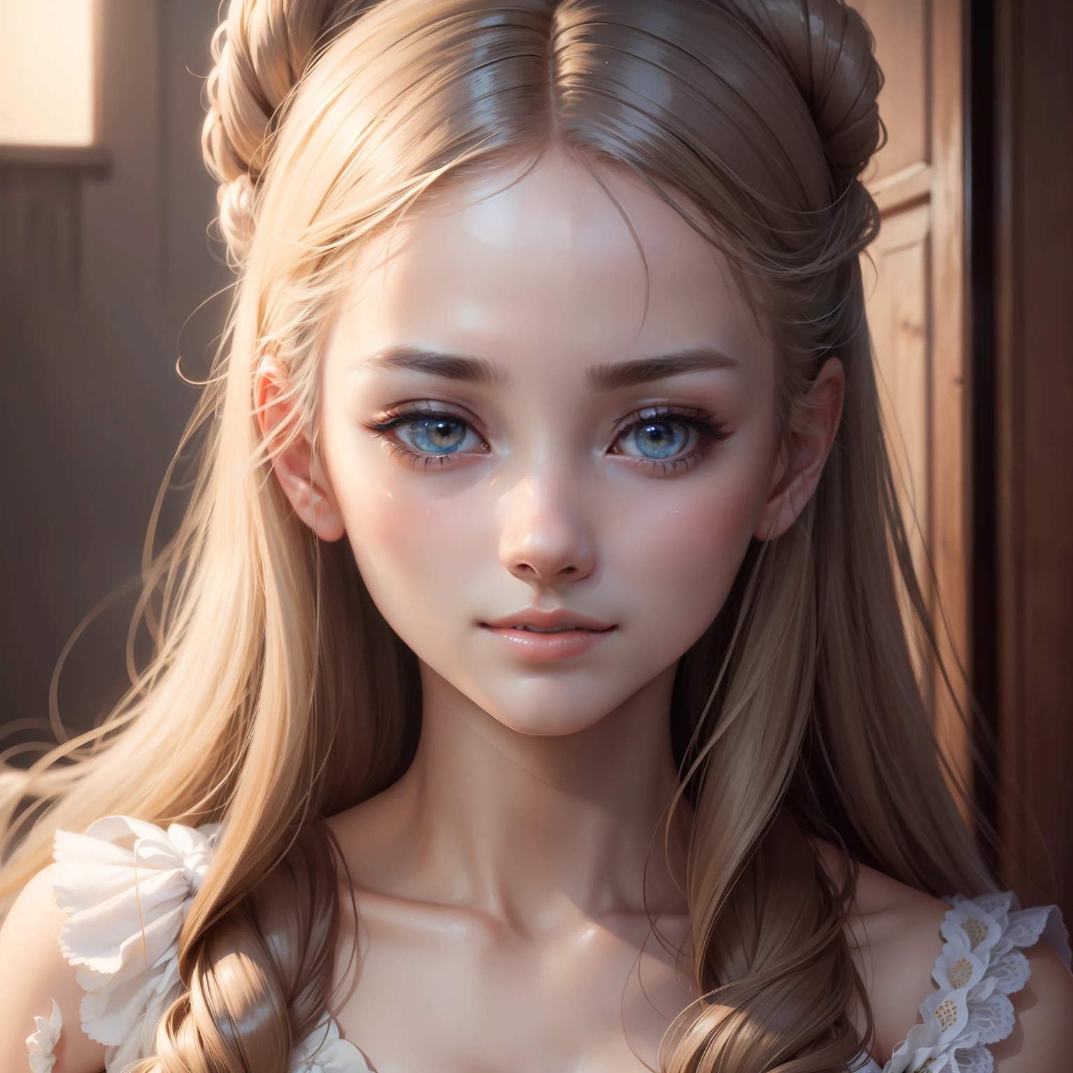 A close up of a girl with long hair and blue eyes - SeaArt AI