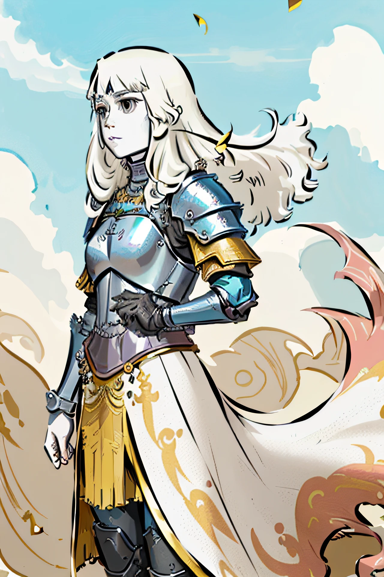 There is a painting，A woman in armor stands in the sand, Paladin, Armor Girl, portrait of female paladin, Female knight, gorgeous female paladin, in opal armor, portrait knight female, of a beautiful female knight, dressed in light armor, pale blue armor, fantasy paladin woman, highly detailed exquisite fanart