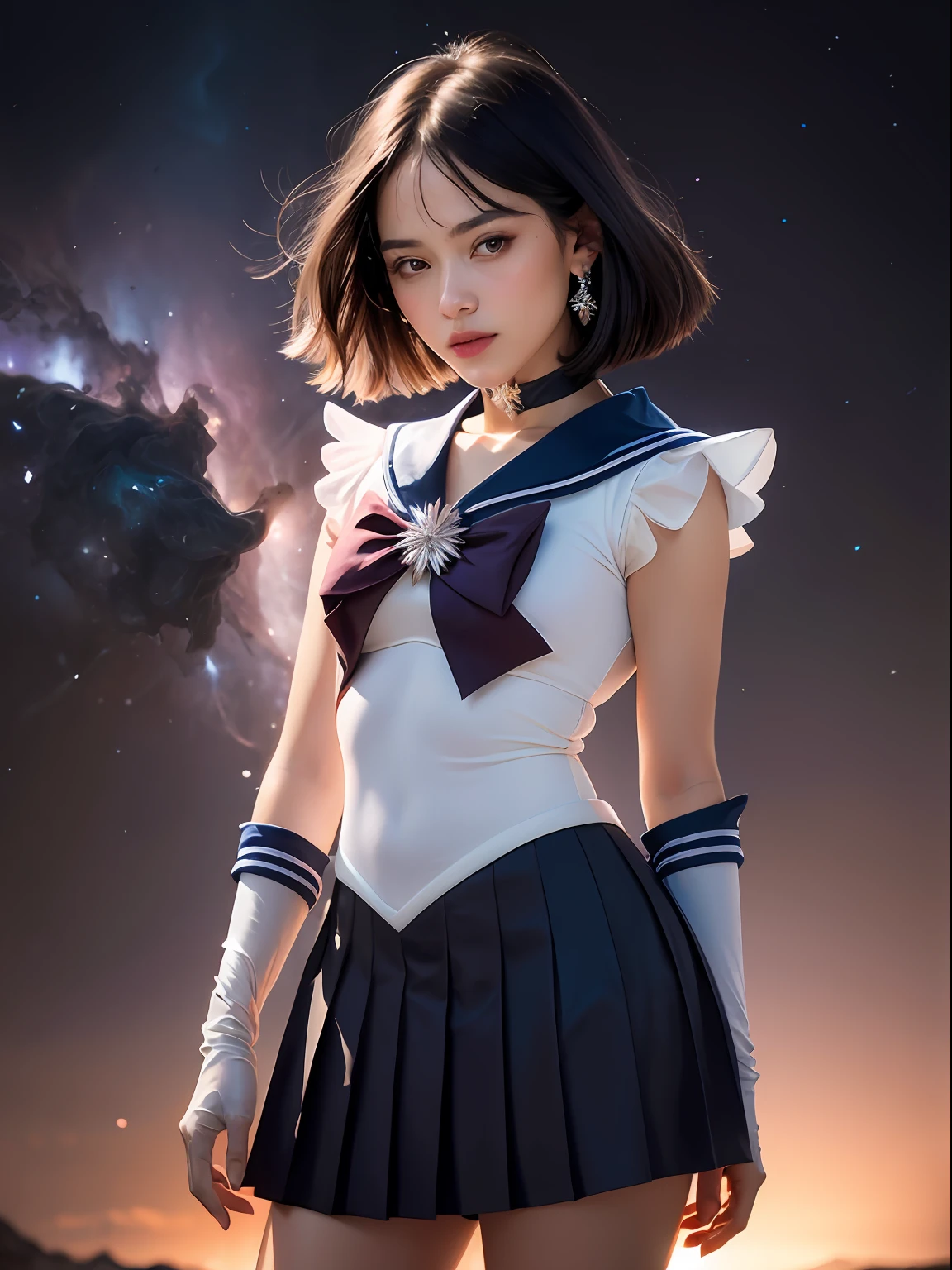 (masterpiece, best quality:1.4), (nebula background), (full body shot), (standing:1.5), 1girl, solo, (european youth:1), sailor saturn, tiara, sailor senshi uniform, purple sailor collar, pleated skirt, elbow gloves, jewelry, brooch, choker, short black hair, (purple eyes:1), beautiful face, highly detailed face, highly detailed eyes, highly detailed skin, skin pores, subsurface scattering, realistic pupils, full face blush, full lips, detailed background, depth of field, volumetric lighting, sharp focus, absurdres, realistic proportions, good anatomy, (realistic, hyperrealistic:1.4), 16k hdr,