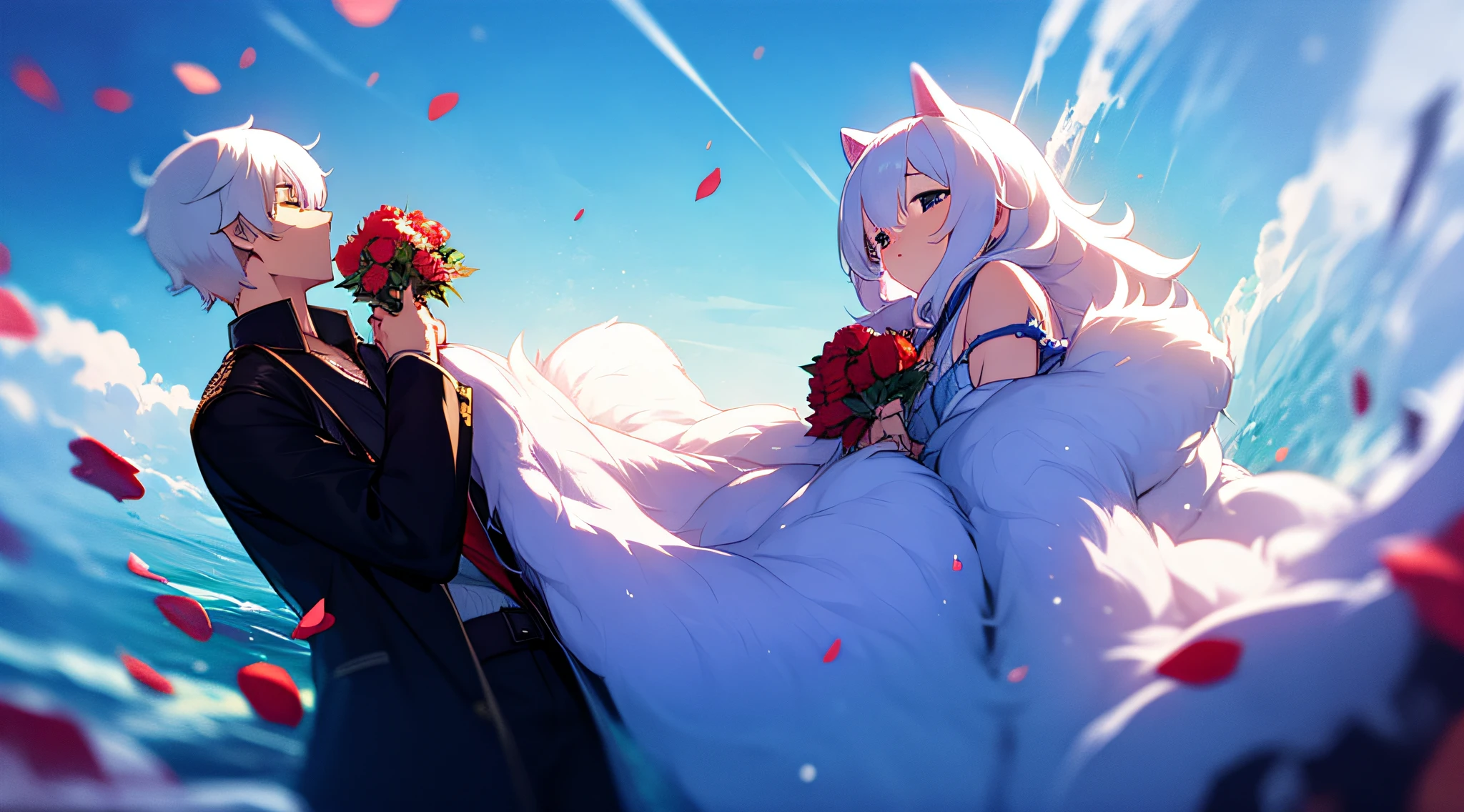 Sie ist eine Frau, er trägt jK und hält Rosen in der Hand, hinter ihm ist das Meer, blauer Himmel, und sie trägt Katzen