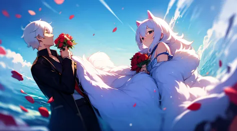 She is a woman, he wears jK and holds roses in his hand, behind him is the sea, blue sky, and she carries cats