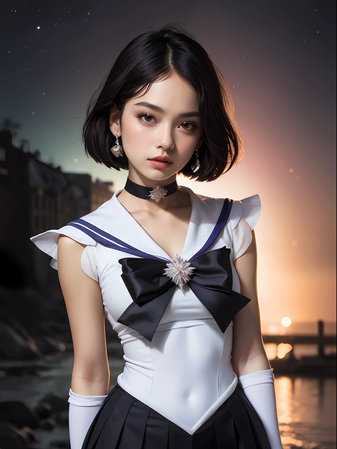 (masterpiece, best quality:1.4), (nebula background), (full body shot), (standing:1.5), 1girl, solo, (european youth:1), sailor saturn, tiara, sailor senshi uniform, purple sailor collar, pleated skirt, elbow gloves, jewelry, brooch, choker, short black hair, (purple eyes:1), beautiful face, highly detailed face, highly detailed eyes, highly detailed skin, skin pores, subsurface scattering, realistic pupils, full face blush, full lips, detailed background, depth of field, volumetric lighting, sharp focus, absurdres, realistic proportions, good anatomy, (realistic, hyperrealistic:1.4), 16k hdr,