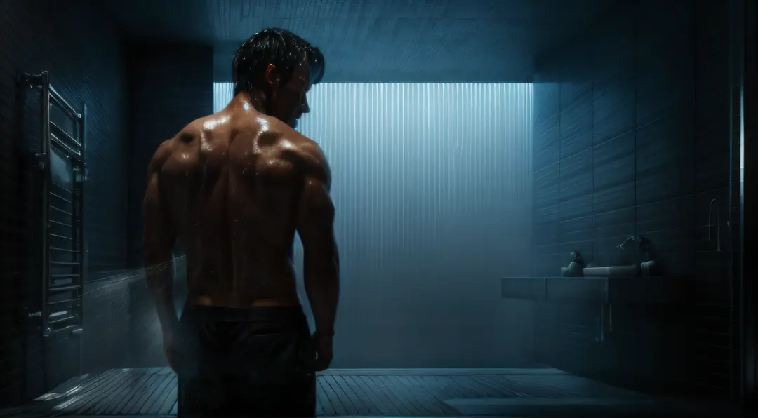 A man taking shower , backside view, volumetric lighting, high quality, masterpiece, cinematic gritty lighting, bluish color
