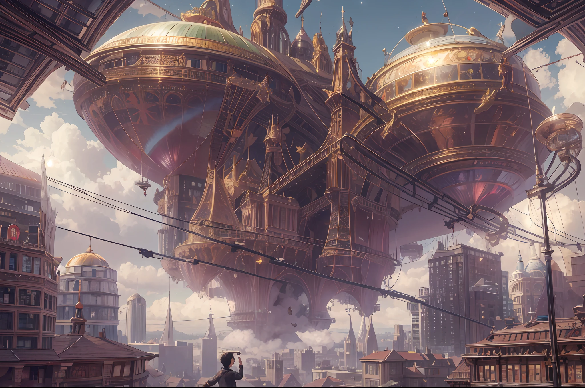Ultra-wide field of view，（levitating：1.5），（A huge double-ring steampunk city floating in space：1.3），（Illuminate the futuristic steampunk city：1.4），（Thick clouds：1.4），（Estilo de Makoto Shinkai：1.4），Rejoice，Perfect quality，Clear focus（Clutter - home：0.8）， （tmasterpiece：1.2）， （realisticlying：1.2） ，（with light glowing：1.2）， （best qualtiy）， （detailed  starry sky：1.3） ，（complexdetails）， （8K）， （Detail meteor） ，（Sharp focus），（having fun），（Award-winning digital artwork：1.3） af （sketching：1.3），（with dynamism：1.3）,studiolight,Theme，looking from above, the space, afloat， --v 6