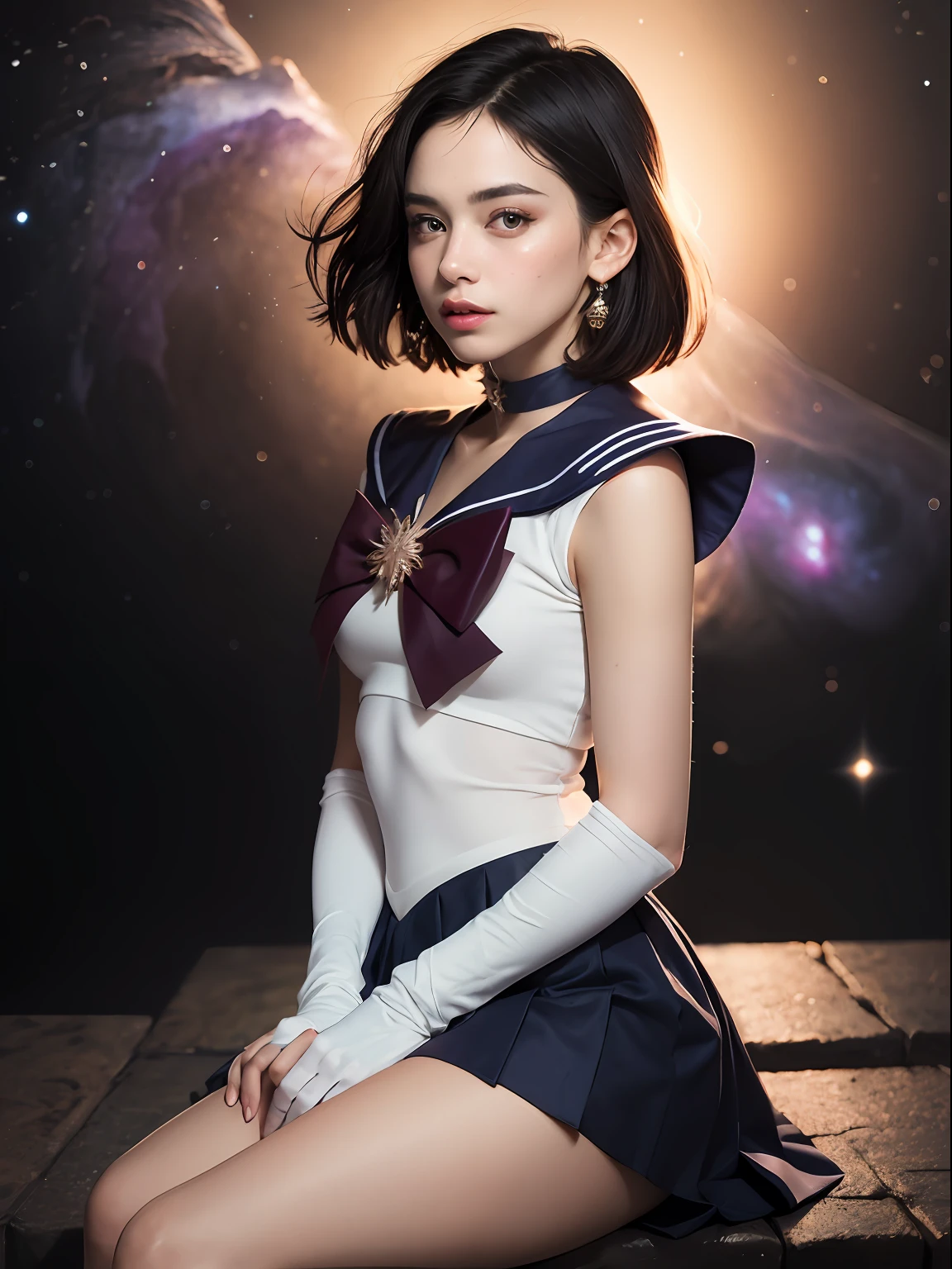 (masterpiece, best quality:1.4), (nebula background), (full body shot), (sitting:1.5), 1girl, solo, (european youth:1), sailor saturn, tiara, sailor senshi uniform, purple sailor collar, pleated skirt, elbow gloves, jewelry, brooch, choker, short black hair, (purple eyes:1), beautiful face, highly detailed face, highly detailed eyes, highly detailed skin, skin pores, subsurface scattering, realistic pupils, full face blush, full lips, detailed background, depth of field, volumetric lighting, sharp focus, absurdres, realistic proportions, good anatomy, (realistic, hyperrealistic:1.4), 16k hdr,