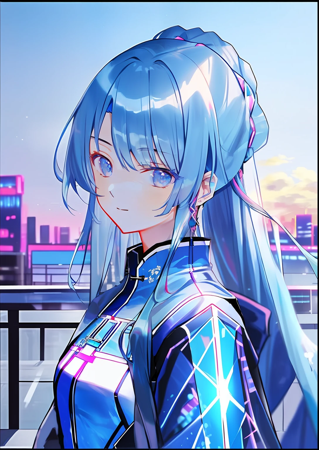 Best quality, Masterpiece, 超高分辨率, 1girll, Blue hair, Cyberpunk, holograph, Transparent, City, toplight, view the viewer, Very long hair, Portrait,