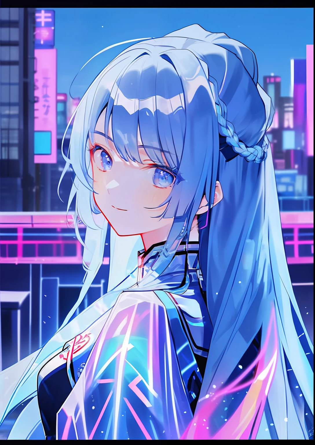 Best quality, Masterpiece, 超高分辨率, 1girll, Blue hair, Cyberpunk, holograph, Transparent, City, toplight, view the viewer, Very long hair, Portrait,