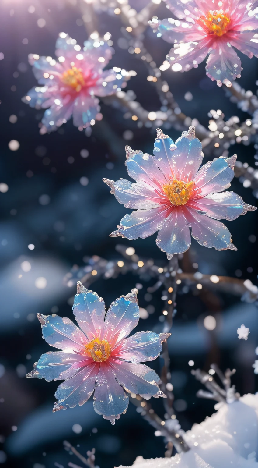 Crystal Spring blooms、
fanciful、Starskrim、cleanness、Yuki、Powder snow、Snow piles up、cold snowy、
glimmering、Shines、magnifica、extremely colorful、
magical photography, dramatic  lighting, Foto realism, The ultra-detailliert, 4K, depth of fields, A high resolution