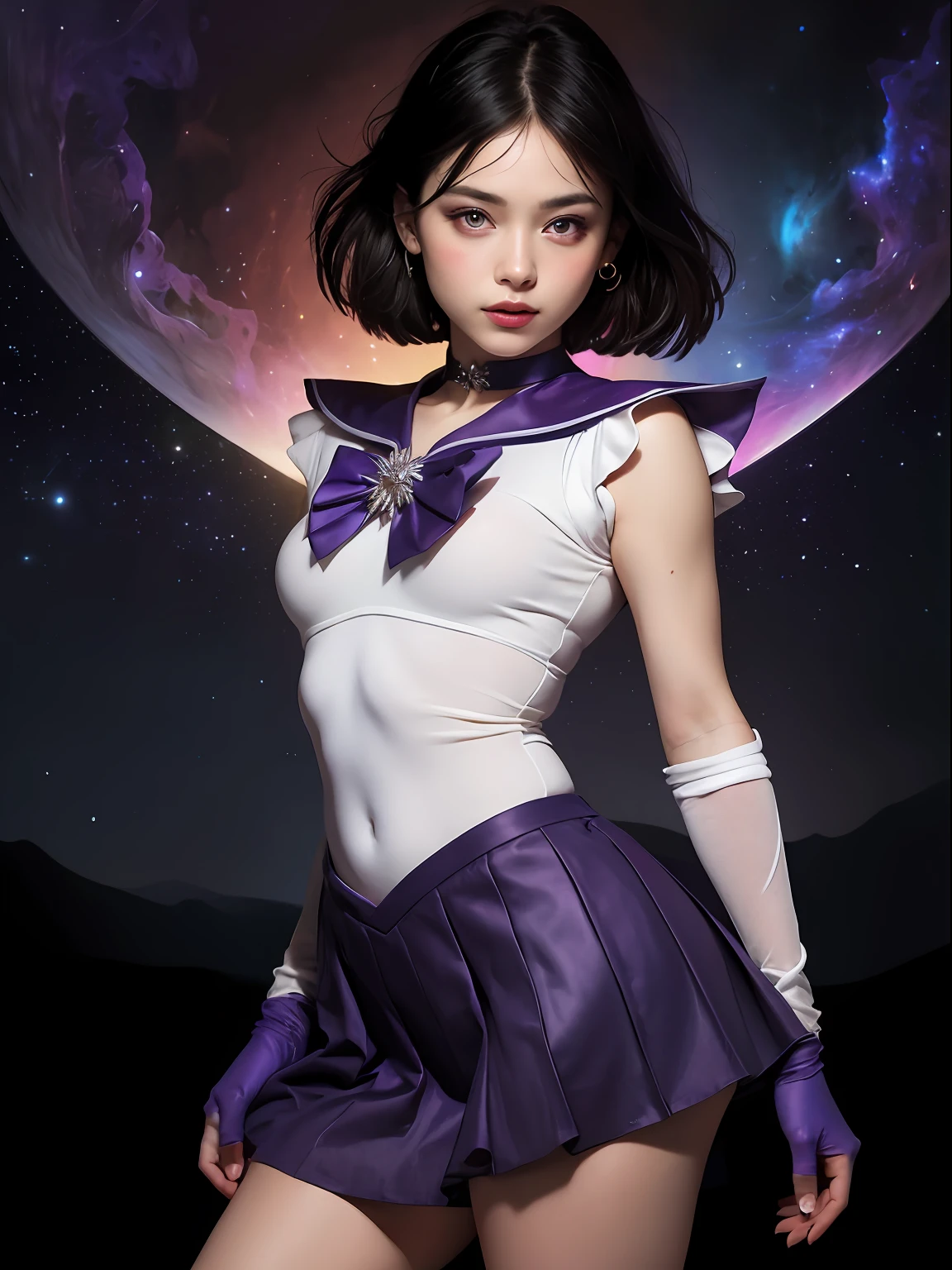 (masterpiece, best quality:1.4), (nebula background), (full body shot), (erotic pose:1.5), 1girl, solo, (european youth:1), sailor saturn, tiara, sailor senshi uniform, purple sailor collar, pleated skirt, elbow gloves, jewelry, brooch, choker, short black hair, (purple eyes:1.5), beautiful face, highly detailed face, highly detailed eyes, highly detailed skin, skin pores, subsurface scattering, realistic pupils, full face blush, full lips, detailed background, depth of field, volumetric lighting, sharp focus, absurdres, realistic proportions, good anatomy, (realistic, hyperrealistic:1.4), 16k hdr,