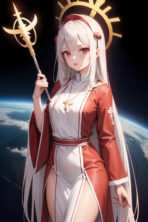1 beautiful anime spatula priest, red and white really short priest robe, hight detailed, ray tracing, space background, perfect...