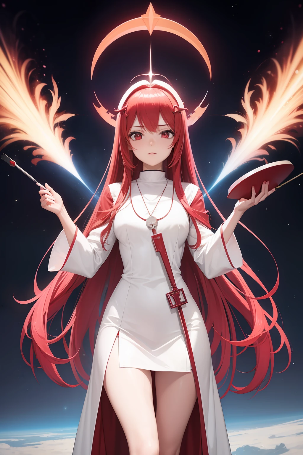 1 beautiful anime spatula priest, red and white really short priest robe, hight detailed, ray tracing, space background, perfect, ultra high detailed, highly detailed face, saint halo, sexy, attractive, goddes, really long hair, hair accessories, necklace, nsfw, sex, pussy