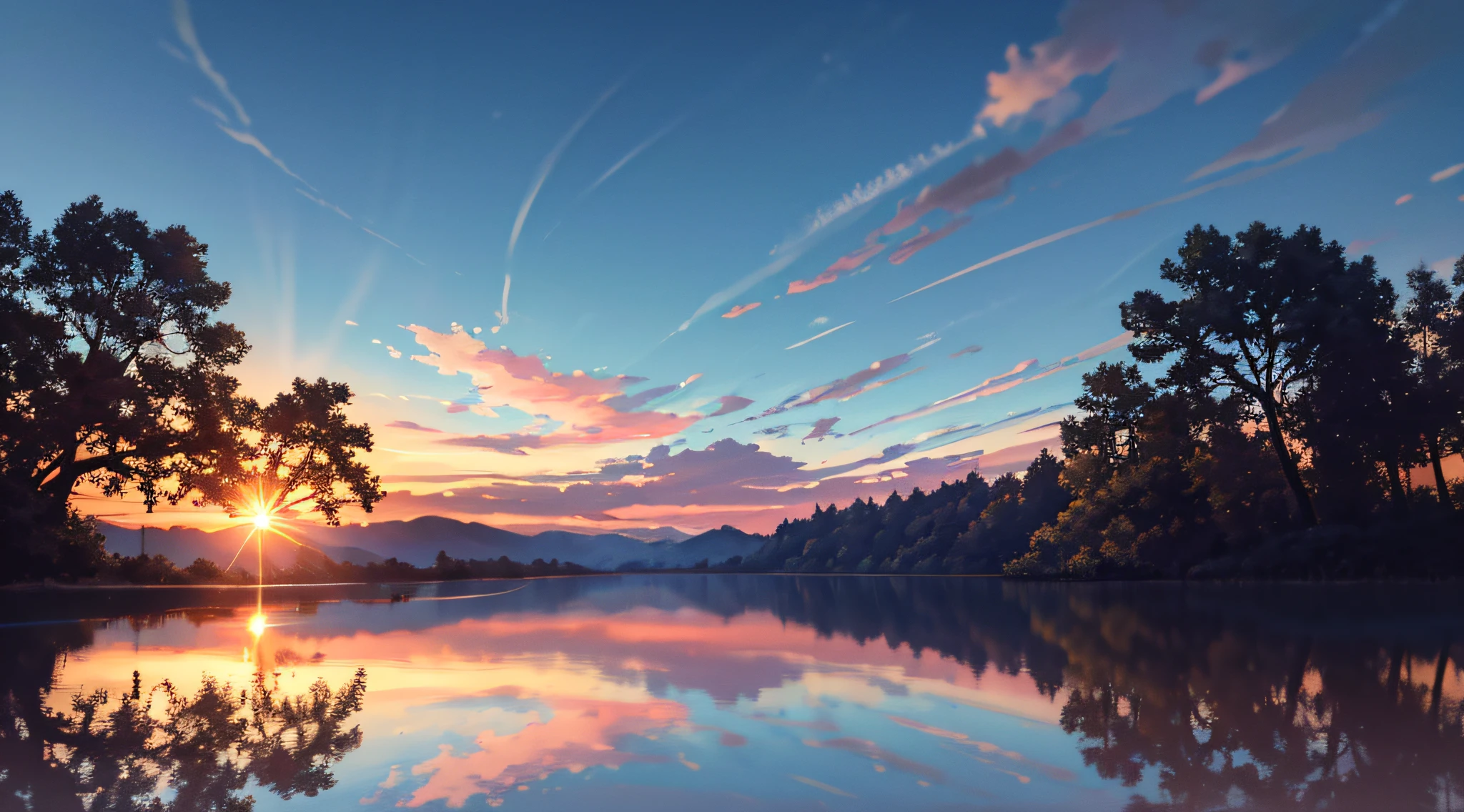 masterpiece, best quality, aesthetic, highres RAW photo, landscape photography, wide shot, from below, scenery, sunrise, blue sky, clouds, lake, reflection, sun, trees, floating leaves, ripples, foreground interest, depth of field, cinematic lighting, asymmetric composition, professional shadows, sharp focus, lens flare