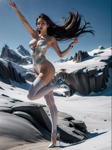 Splitting characters is prohibited，(Full body shot:1.3), Must show your face, anatomy correct, Dance on a mountaintop glacier，The breath of nature，Polished pointed-toe heels must be worn,Patterned stockings are mandatory， Keep your feet off the ground，Butc...