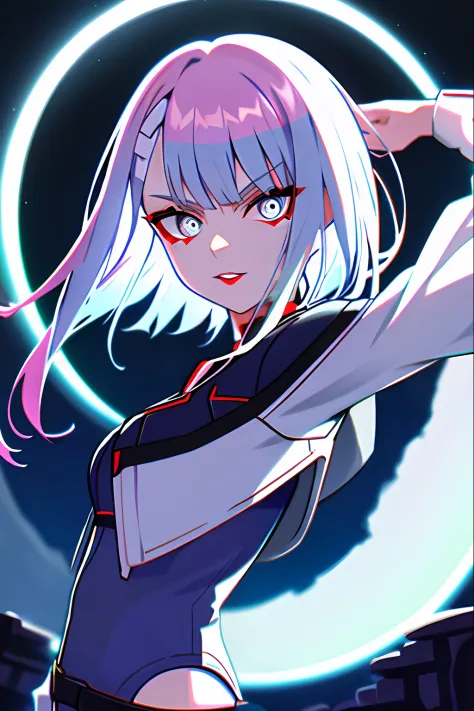 lucy \(cyberpunk\), 1girl, arm up, bangs, blue hair, colored tips, full moon, grey eyes, jacket, long sleeves, looking at viewer...