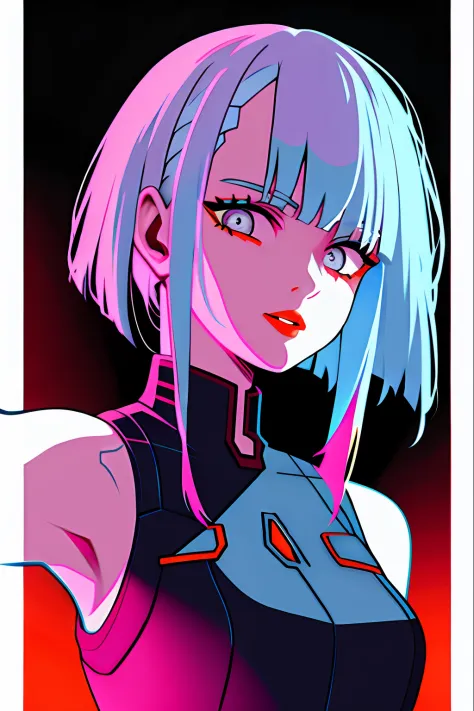 lucy \(cyberpunk\), 1girl, arm up, bangs, blue hair, colored tips, full moon, grey eyes, jacket, long sleeves, looking at viewer, medium hair, moon, multicolored hair, parted bangs, parted lips, pink hair, portrait, red eyeliner, red lips, solo, white jack...