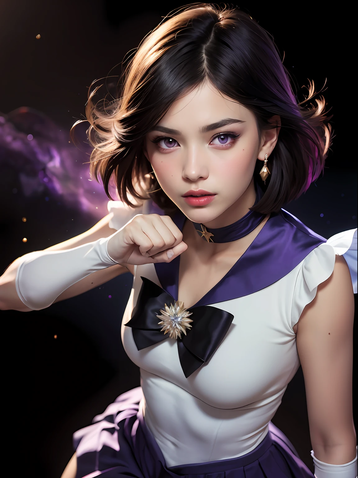 (masterpiece, best quality:1.4), (nebula background), (fighting pose:1.5), 1girl, solo, (european youth:1), sailor saturn, tiara, sailor senshi uniform, purple sailor collar, pleated skirt, elbow gloves, jewelry, brooch, choker, short black hair, (purple eyes:1.5), beautiful face, highly detailed face, highly detailed eyes, highly detailed skin, skin pores, subsurface scattering, realistic pupils, full face blush, full lips, detailed background, depth of field, volumetric lighting, sharp focus, absurdres, realistic proportions, good anatomy, (realistic, hyperrealistic:1.4), 16k hdr,