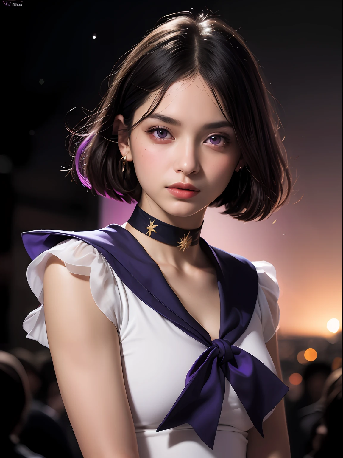 (masterpiece, best quality:1.4), (nebula background), (fighting pose:1.5), 1girl, solo, (european youth:1), sailor saturn, tiara, sailor senshi uniform, purple sailor collar, pleated skirt, elbow gloves, jewelry, brooch, choker, short black hair, (purple eyes:1.5), beautiful face, highly detailed face, highly detailed eyes, highly detailed skin, skin pores, subsurface scattering, realistic pupils, full face blush, full lips, detailed background, depth of field, volumetric lighting, sharp focus, absurdres, realistic proportions, good anatomy, (realistic, hyperrealistic:1.4), 16k hdr,