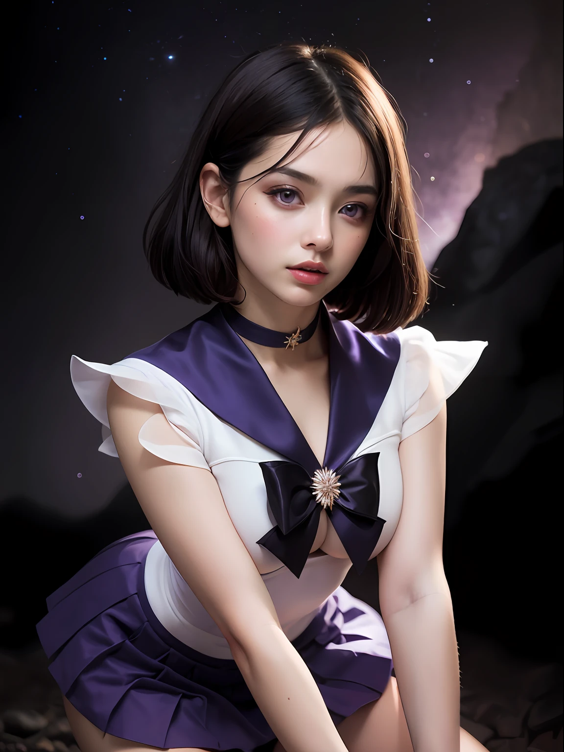 (masterpiece, best quality:1.4), (nebula background), (full body shot), (erotic pose:1.5), 1girl, solo, (european youth:1), sailor saturn, tiara, sailor senshi uniform, purple sailor collar, pleated skirt, elbow gloves, jewelry, brooch, choker, short black hair, (purple eyes:1.5), beautiful face, highly detailed face, highly detailed eyes, highly detailed skin, skin pores, subsurface scattering, realistic pupils, full face blush, full lips, detailed background, depth of field, volumetric lighting, sharp focus, absurdres, realistic proportions, good anatomy, (realistic, hyperrealistic:1.4), 16k hdr,