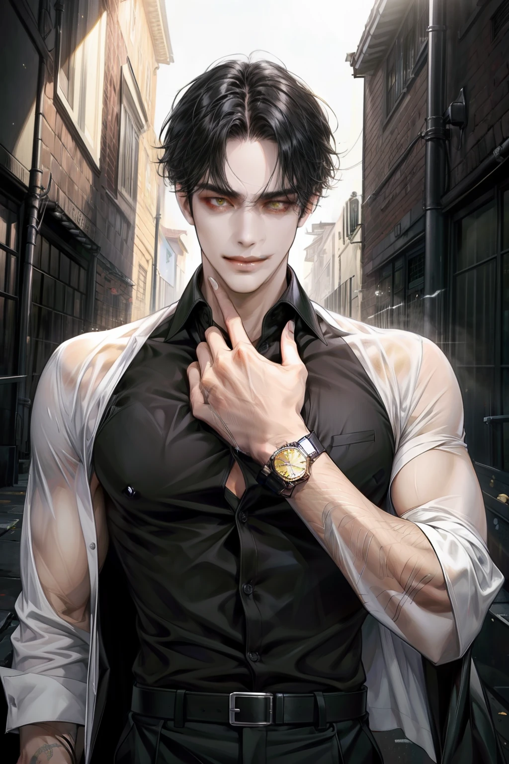 masterpiece, best quality, 1 male, male focus, handsome, black hair, forehead hair, perfect body, single bangs hair, yellow eyes, thin, wear black shirt, open two buttons in his shirt, collabone, wear black trouser, wear watch in left hand, wear black glove, tall, mature, evil smile, in alley, 4k hd, dark, upper body, not looking at viewer, villian vibe