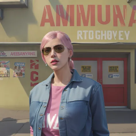 , A stylistic masterpiece of GTA V artwork，A woman stands in front of a gun shop，Wearing a blue canvas denim jacket，Pink ponytai...