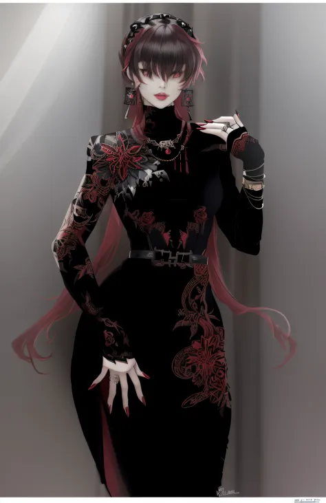 a close up of a woman in a black dress with red hair, 1 7 - year - old anime goth girl, anime character; full body art, art nouveau cyberpunk! style, wearing an ornate outfit, anime woman fullbody art, anime girl wearing a black dress, art nouveau! cyberpu...