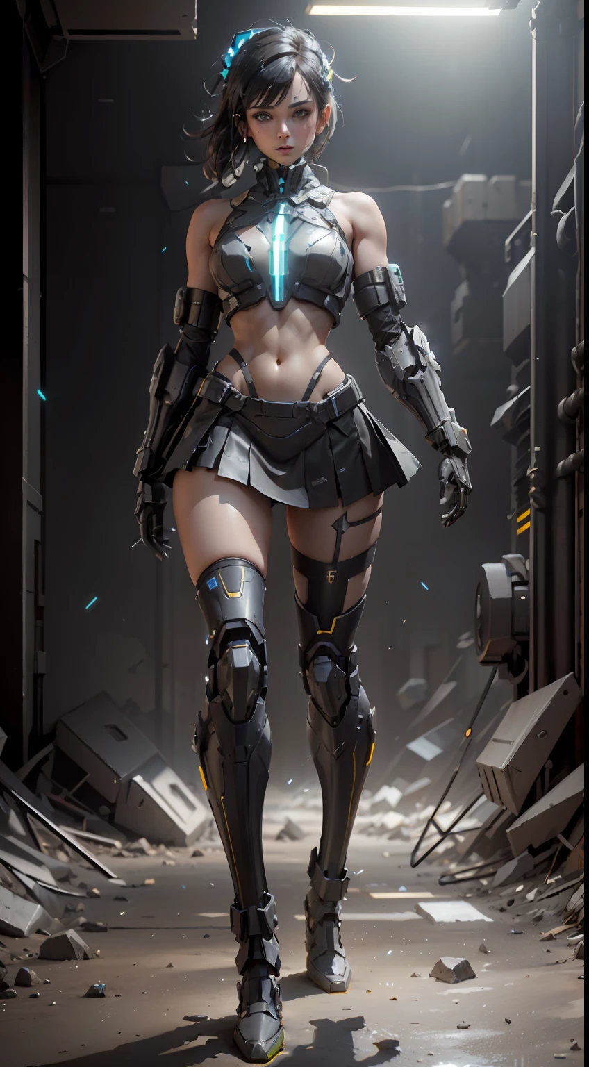 （（best qualtiy））， （（tmasterpiece））， （The is very detailed：1.3）， sci-fi mech， Beautiful cyberpunk woman wearing mech，Bare with thighs，Wear mecha-style boots，Bare shoulders and upper arms，Mecha-style gloves，Bare abdomen and navel，pleatedskirt，lean legs，Carry a weapon，Wear black stockings，Broken stockings， hdr（HighDynamicRange）， Ray traching， NVIDIA RTX， Hyper-Resolution， Unreal 5， sub surface scattering， PBR Texture， post-proces， Anisotropic filtering， depth of fields， Maximum clarity and sharpness， Many-Layer Textures， Albedo e mapas Speculares， Surface coloring，Accurately simulate light-material interactions，perfectly proportions，rendering by octane，twotonelighting，Low ISO，White balance，trichotomy，Wide aperture，8K raw data，High-Efficiency Sub-Pixel，sub-pixel convolution，Luminous Particle，Light scattering，Tyndall effect